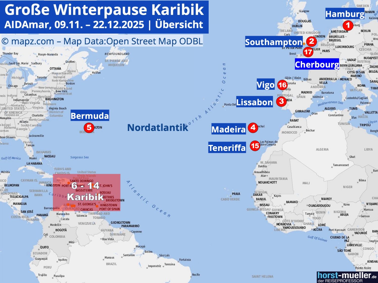AIDAmar-251109-Gesamtroute